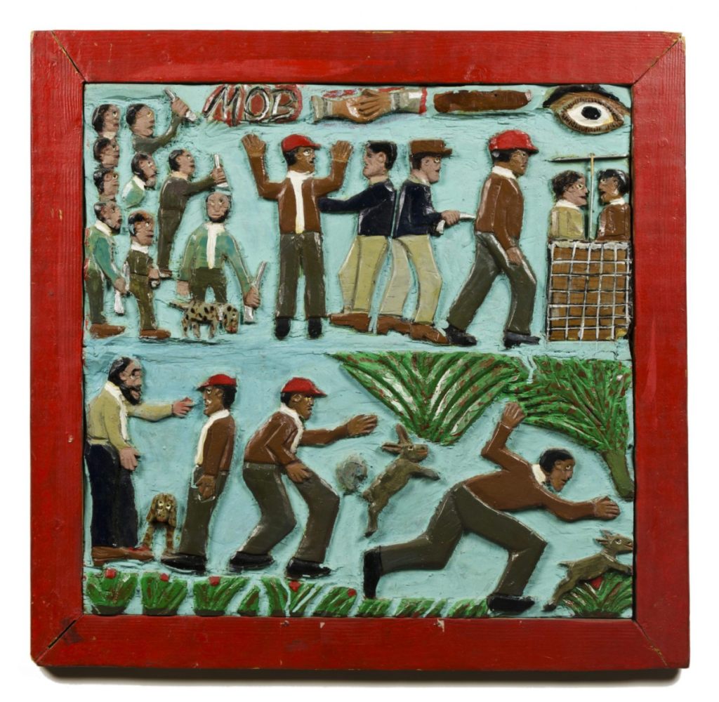 Elijah Pierce (American, 1892–1984), "Elijah Escapes the Mob" (1950s), paint on carved wood, 27 1/2 × 28 3/8 × 1 in. (Columbus Museum of Art, Ohio. Museum Purchase, 2001.018)