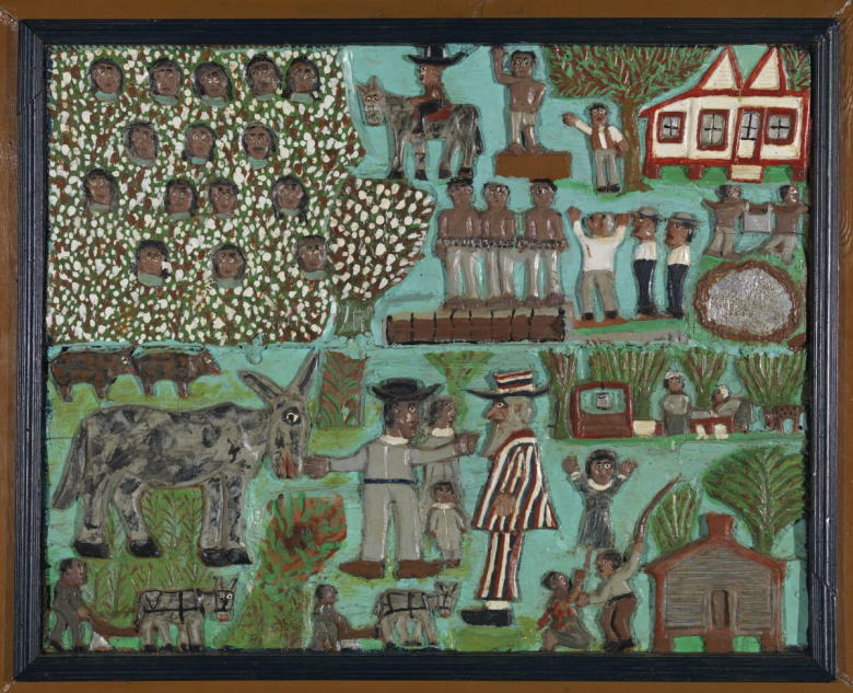Elijah Pierce (American, 1892–1984), “Slavery Time” (c. 1965–70), paint, glitter, and pearl on carved wood, 28 1/8 × 34 13/16 in. (Museum Purchase: Lawrence Archer Wachs Fund, 2006.117)