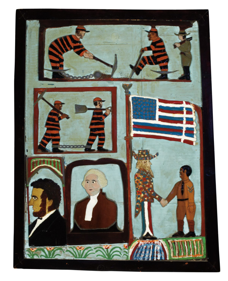 Elijah Pierce (American, 1892–1984), “Presidents and Convicts” (1941), paint on carved wood, mounted on corrugated cardboard, 33 1/2 × 24 3/4 inches (Museum of Everything, London)