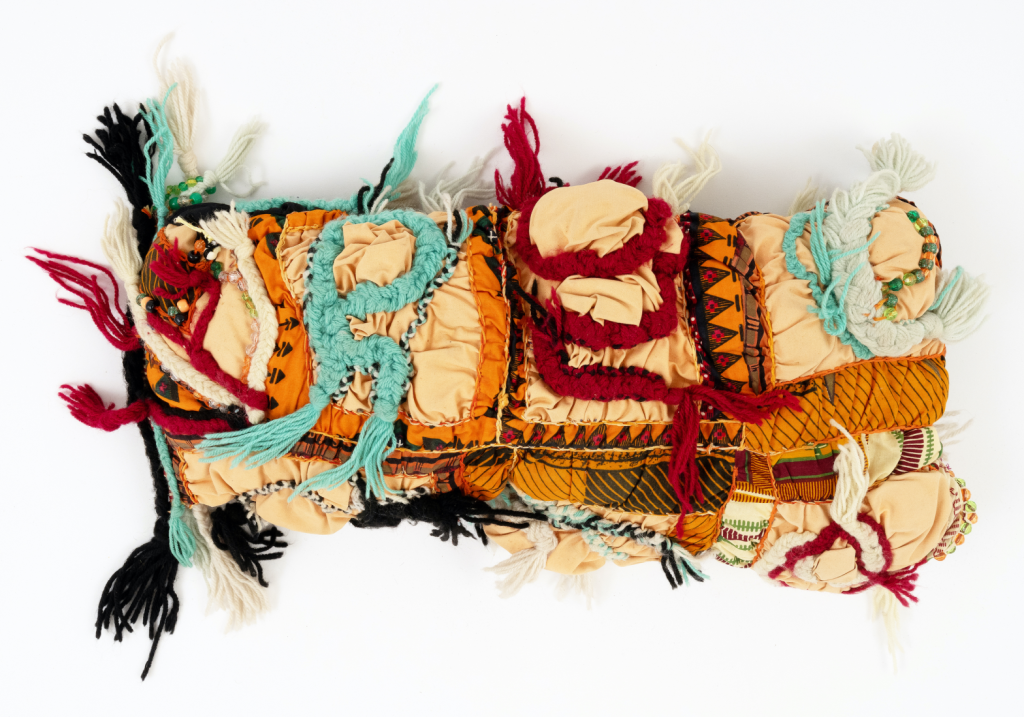 Elizabeth Talford Scott, “Untitled” (circa early 1990s), fabric, yarn, beads, thread, 11 1/2 x 24 x 6 inches