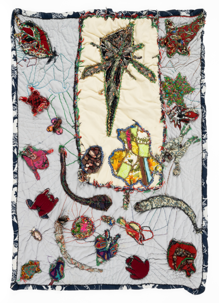 Elizabeth Talford Scott, “Voyage to the Bottom of the Sea” (1992), fabric, rocks, beads, buttons, shells, sequence, ribbon, corduroy, metal, netting, thread, repurposed objects, 69 x 51 inches